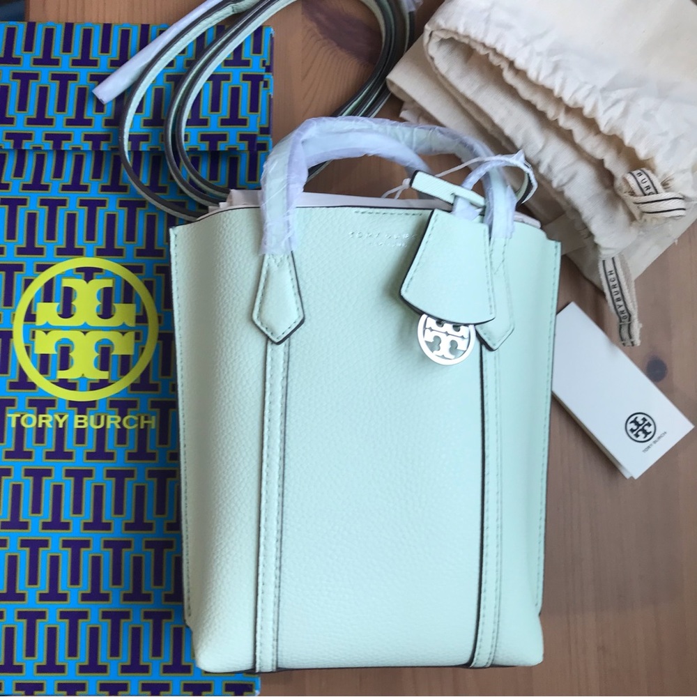 🥰 Tory Burch Perry Mini leather Crossbody Tote Meadow Mist